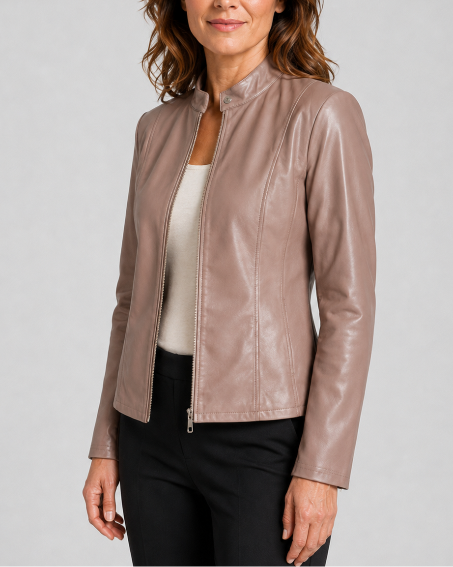 Women's Fitted Faux Leather Jacket with Stand Collar and Zip Front
