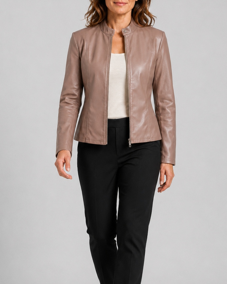 Women's Fitted Faux Leather Jacket with Stand Collar and Zip Front