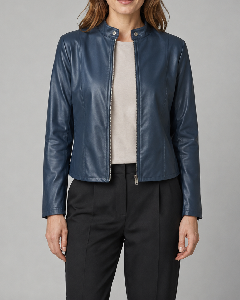 Women's Fitted Faux Leather Jacket with Stand Collar and Zip Front