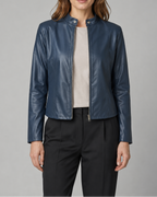 Women's Fitted Faux Leather Jacket with Stand Collar and Zip Front
