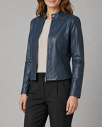 Women's Fitted Faux Leather Jacket with Stand Collar and Zip Front