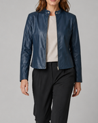 Women's Fitted Faux Leather Jacket with Stand Collar and Zip Front