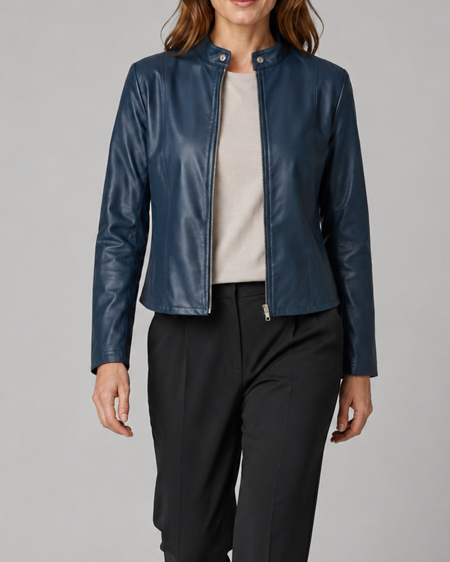 Women's Fitted Faux Leather Jacket with Stand Collar and Zip Front