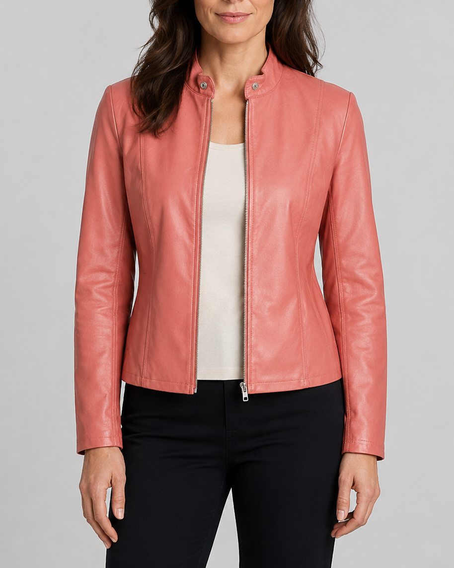 Women's Fitted Faux Leather Jacket with Stand Collar and Zip Front