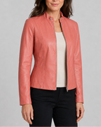 Women's Fitted Faux Leather Jacket with Stand Collar and Zip Front