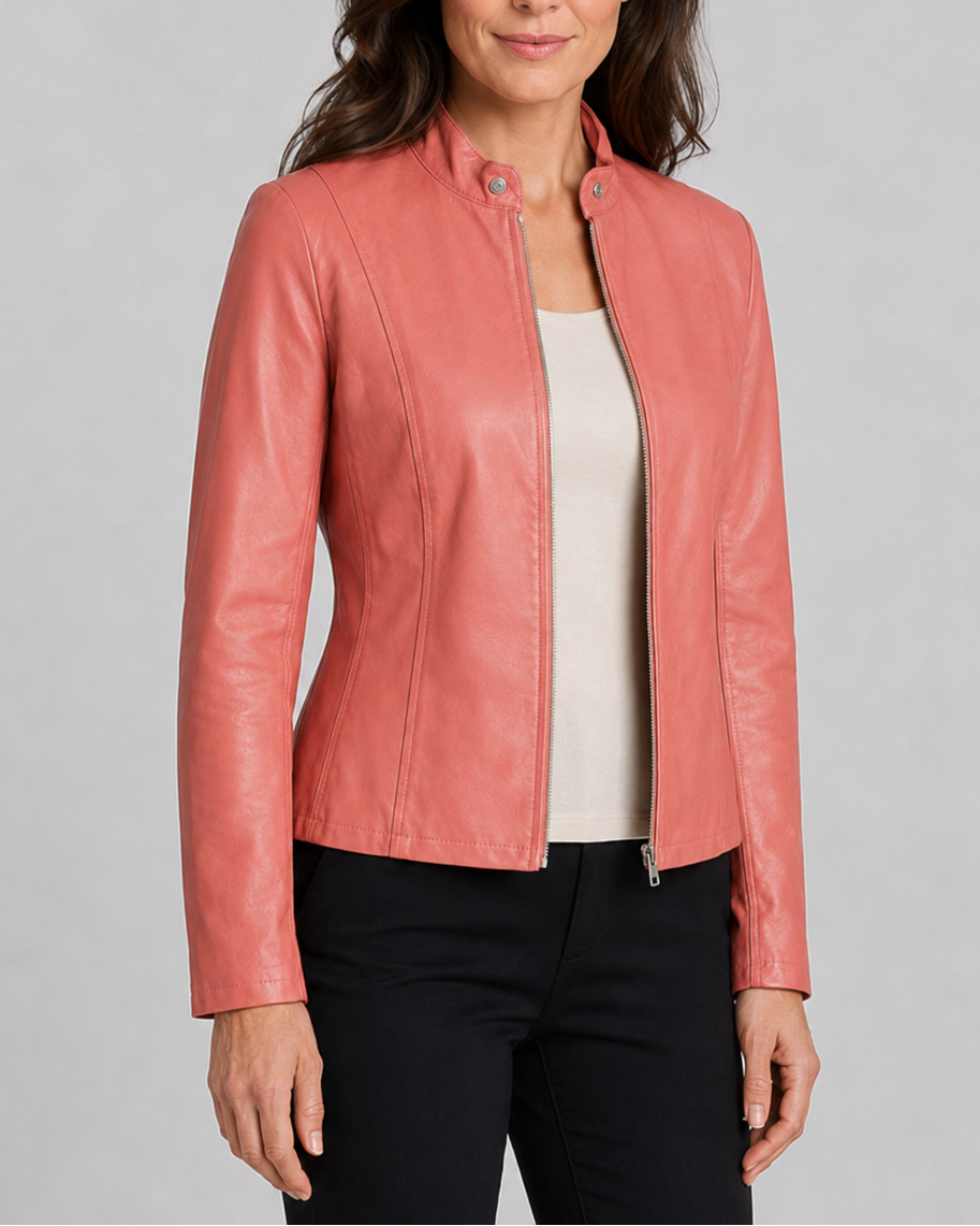 Women's Fitted Faux Leather Jacket with Stand Collar and Zip Front