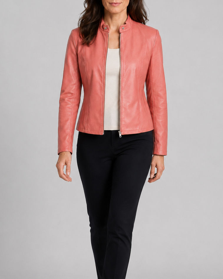 Women's Fitted Faux Leather Jacket with Stand Collar and Zip Front
