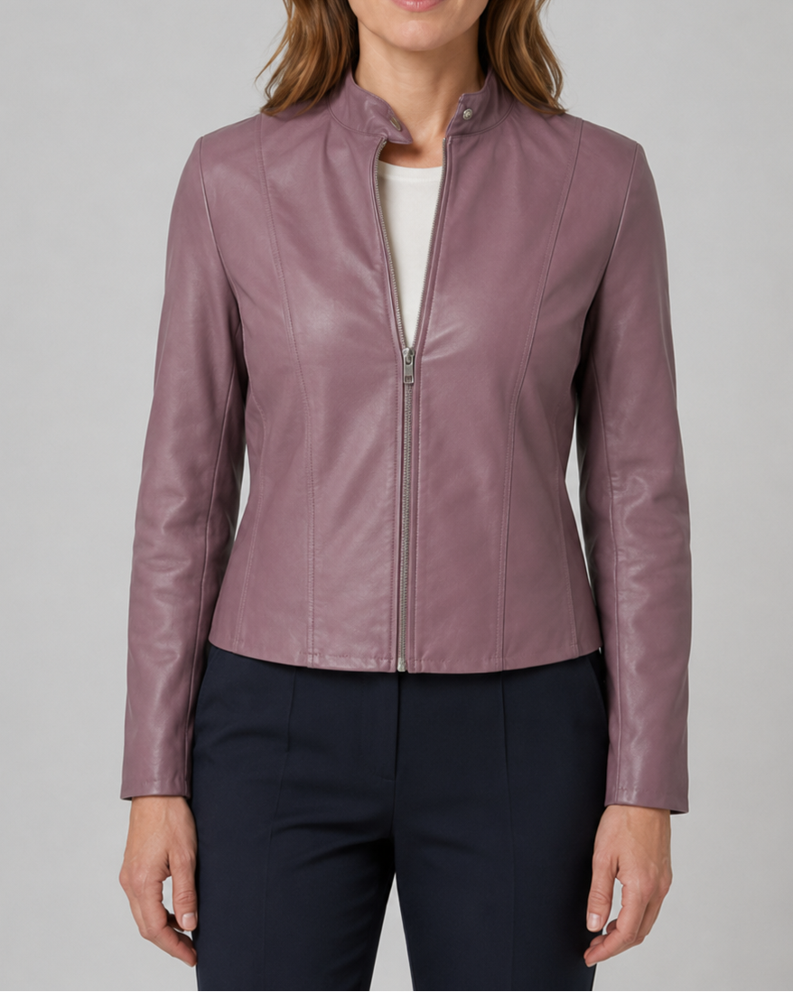 Women's Fitted Faux Leather Jacket with Stand Collar and Zip Front