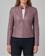 Women's Fitted Faux Leather Jacket with Stand Collar and Zip Front