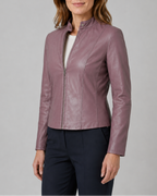Women's Fitted Faux Leather Jacket with Stand Collar and Zip Front