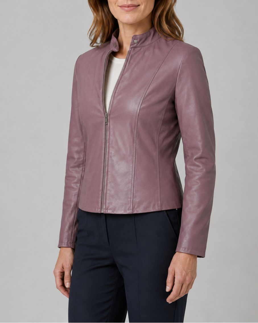 Women's Fitted Faux Leather Jacket with Stand Collar and Zip Front