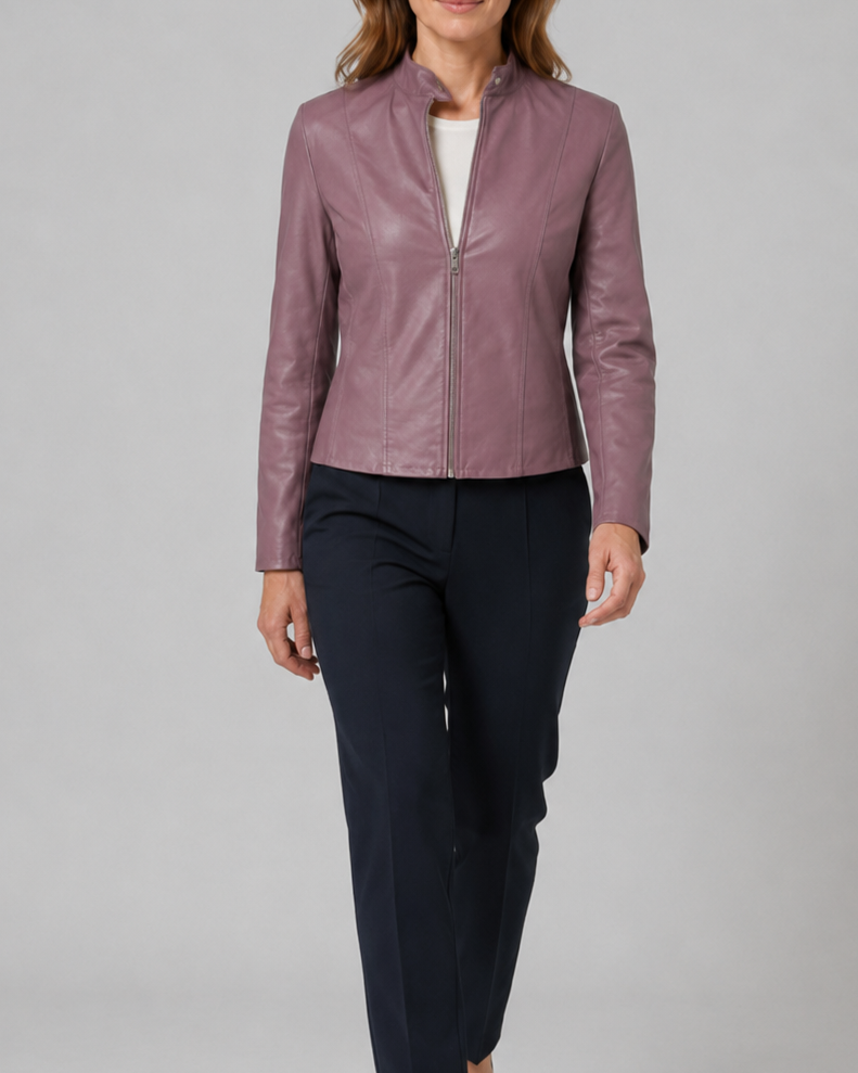 Women's Fitted Faux Leather Jacket with Stand Collar and Zip Front