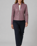 Women's Fitted Faux Leather Jacket with Stand Collar and Zip Front