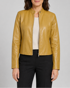 Women's Fitted Faux Leather Jacket with Stand Collar and Zip Front