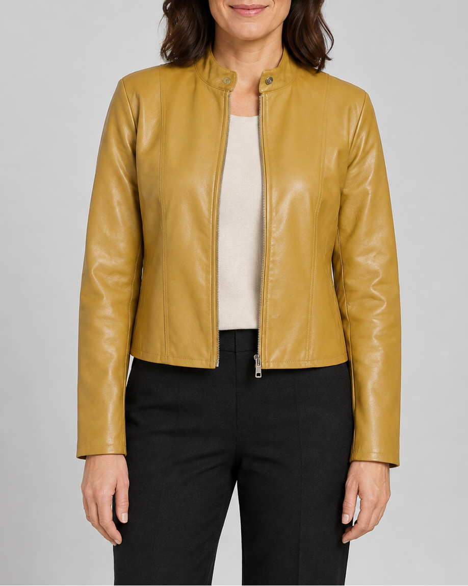 Women's Fitted Faux Leather Jacket with Stand Collar and Zip Front