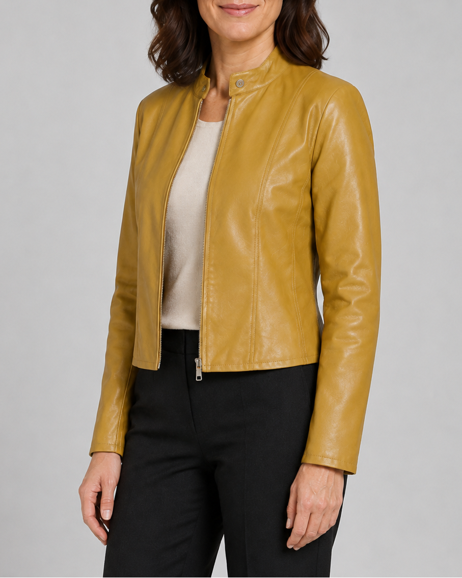 Women's Fitted Faux Leather Jacket with Stand Collar and Zip Front