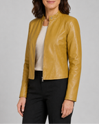 Women's Fitted Faux Leather Jacket with Stand Collar and Zip Front