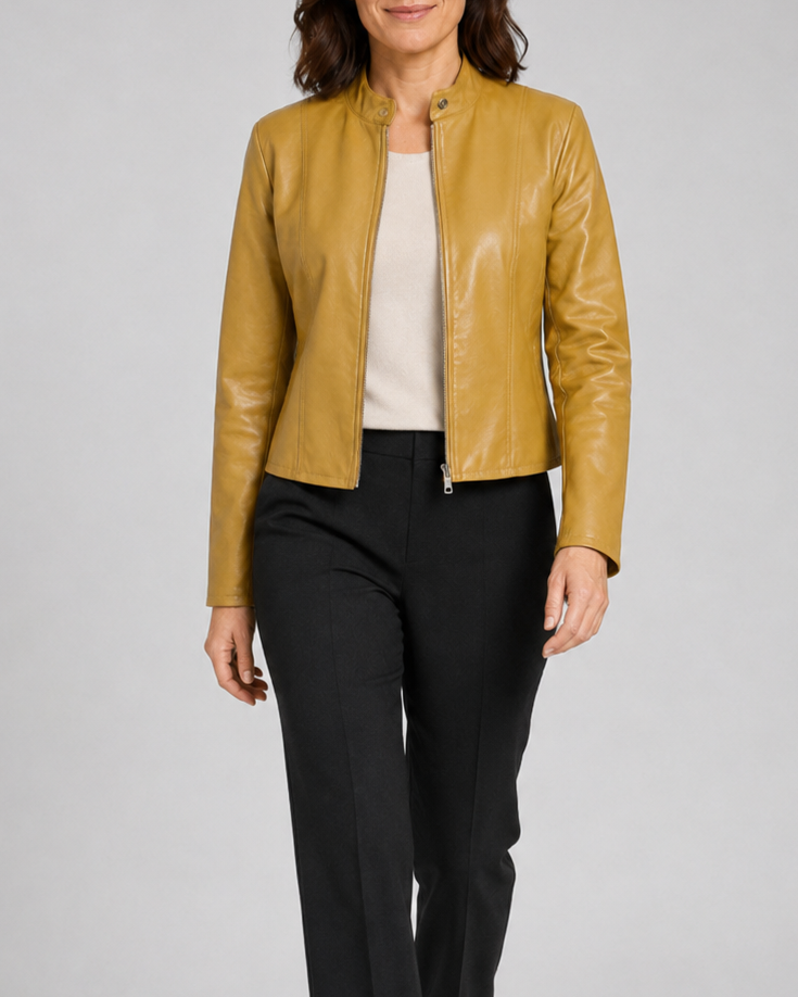 Women's Fitted Faux Leather Jacket with Stand Collar and Zip Front