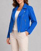 Women's Cropped Biker Jacket with Lapel Collar and Zip Front