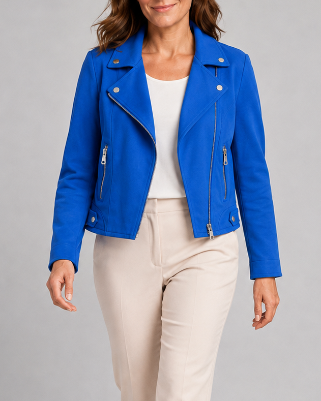 Women's Cropped Biker Jacket with Lapel Collar and Zip Front
