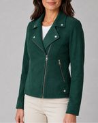 Women's Cropped Biker Jacket with Lapel Collar and Zip Front
