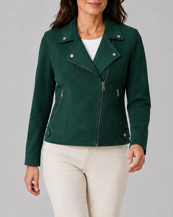 Women's Cropped Biker Jacket with Lapel Collar and Zip Front