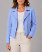 Women's Cropped Biker Jacket with Lapel Collar and Zip Front