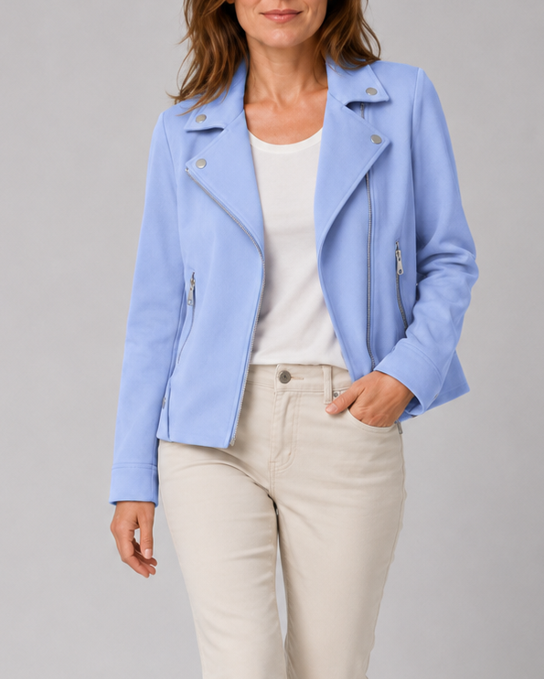 Women's Cropped Biker Jacket with Lapel Collar and Zip Front