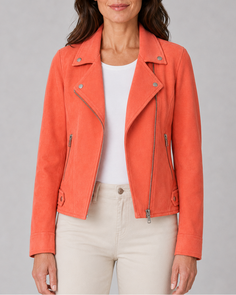 Women's Cropped Biker Jacket with Lapel Collar and Zip Front