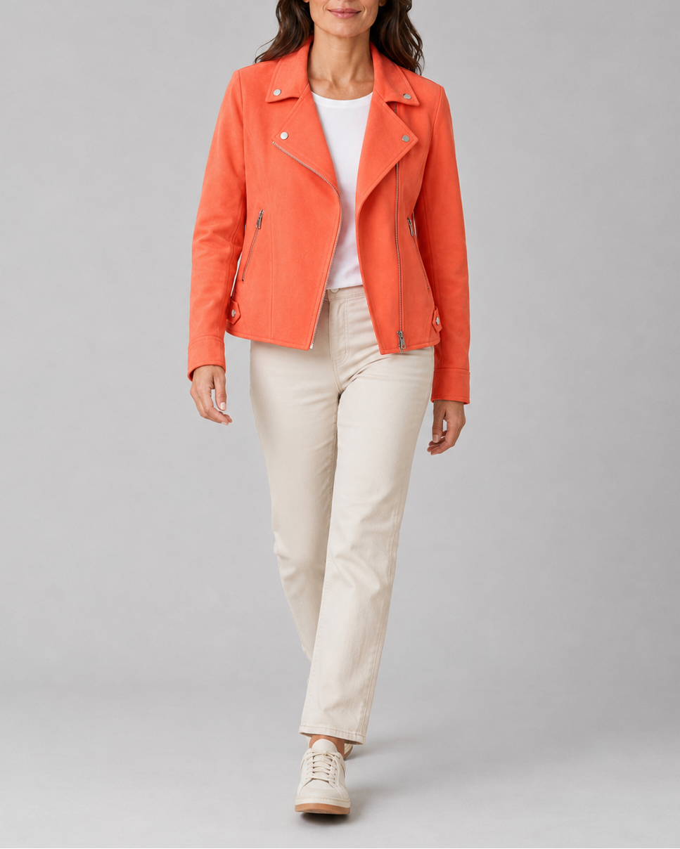Women's Cropped Biker Jacket with Lapel Collar and Zip Front