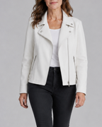 Women's Cropped Biker Jacket with Lapel Collar and Zip Front