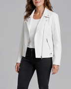 Women's Cropped Biker Jacket with Lapel Collar and Zip Front