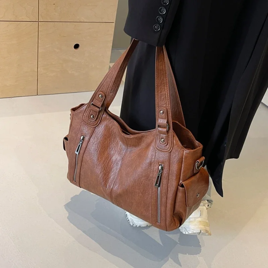 Women's Faux Leather Shoulder Duffle Bag brown