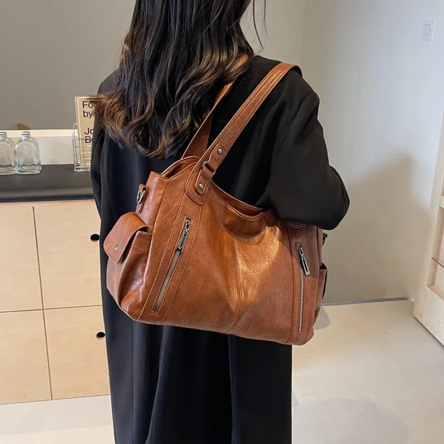 Women's Faux Leather Shoulder Duffle Bag brown 1