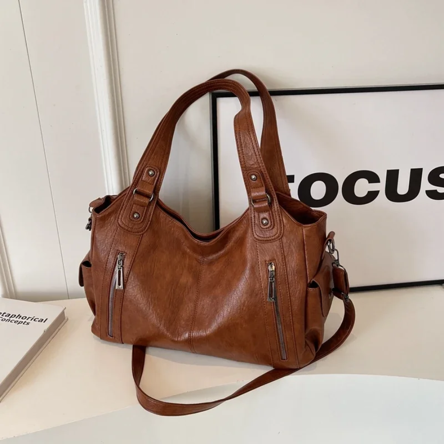 Women's Faux Leather Shoulder Duffle Bag brown 3