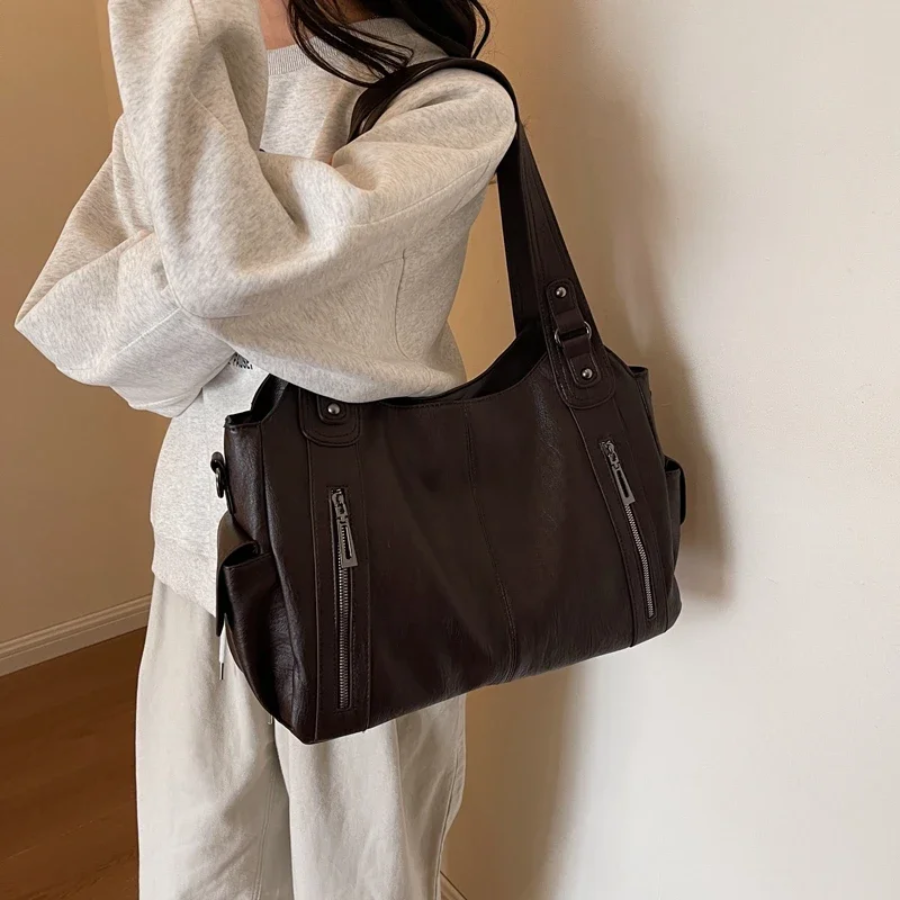 Women's Faux Leather Shoulder Duffle Bag chocolate
