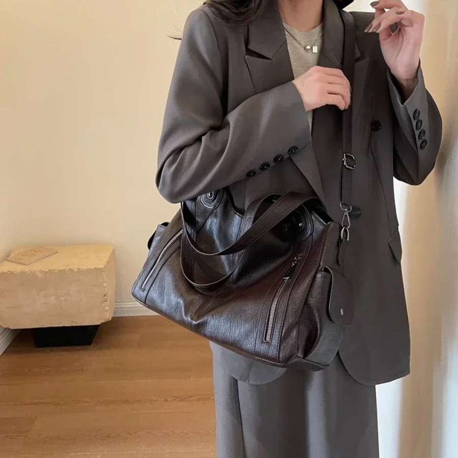 Women's Faux Leather Shoulder Duffle Bag chocolate 1