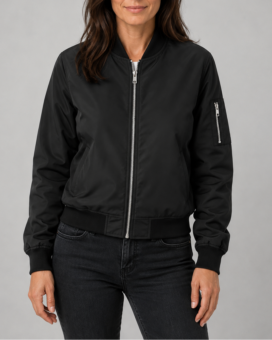 Women's Bomber Jacket | Zip Up Ribbed Trim Sleeve Pocket Bomber Jacket