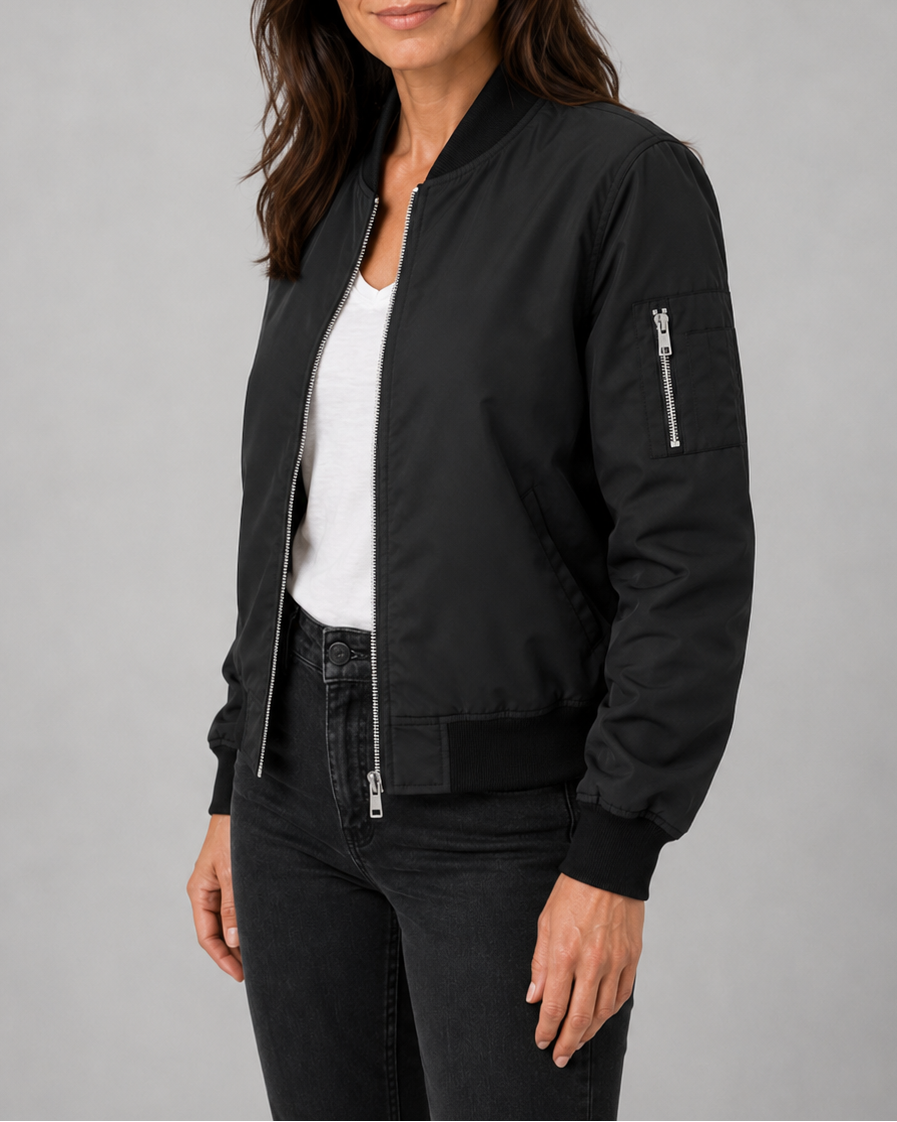 Women's Bomber Jacket | Zip Up Ribbed Trim Sleeve Pocket Bomber Jacket