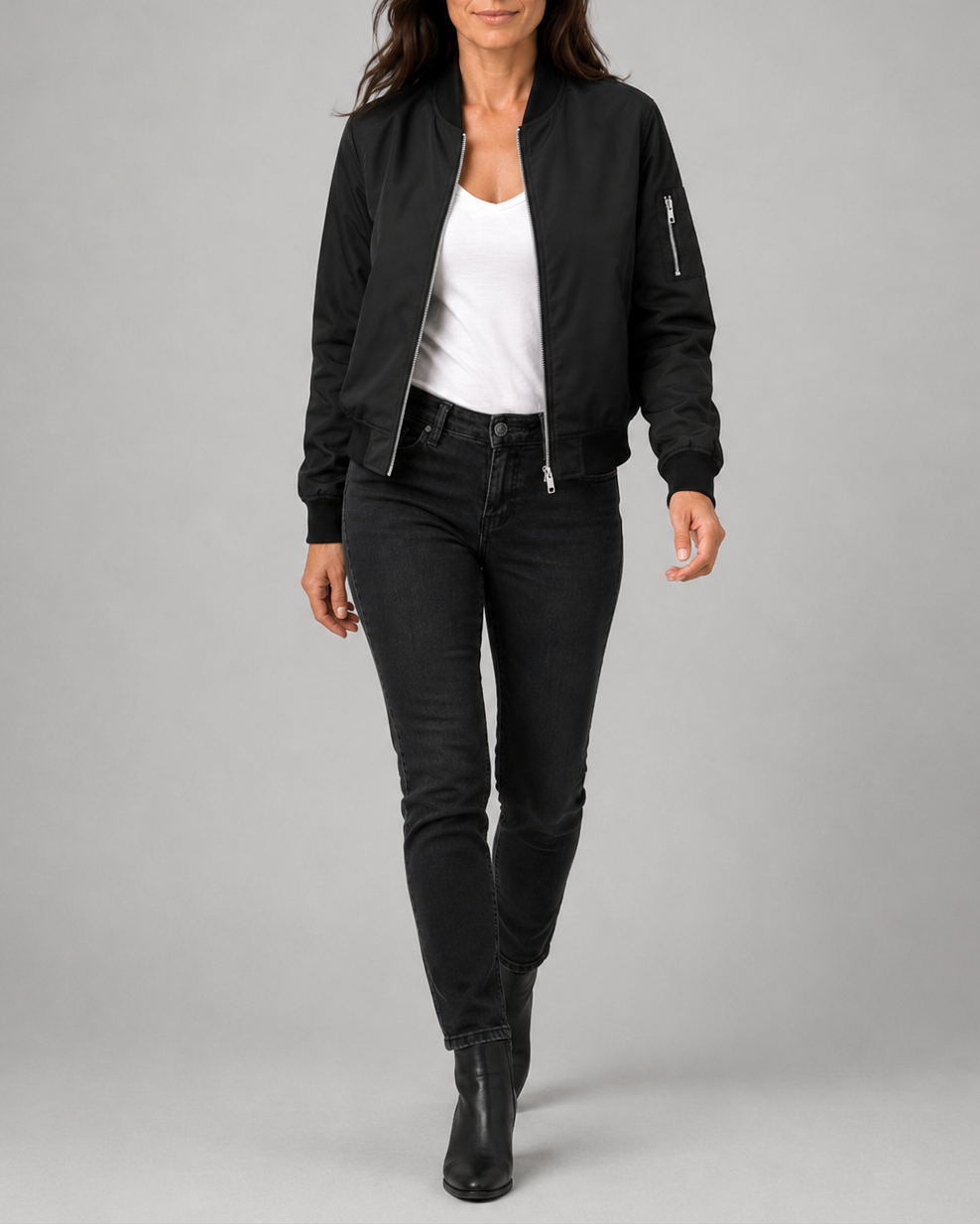 Women's Bomber Jacket | Zip Up Ribbed Trim Sleeve Pocket Bomber Jacket