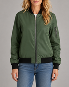 Women's Bomber Jacket | Zip Up Ribbed Trim Sleeve Pocket Bomber Jacket