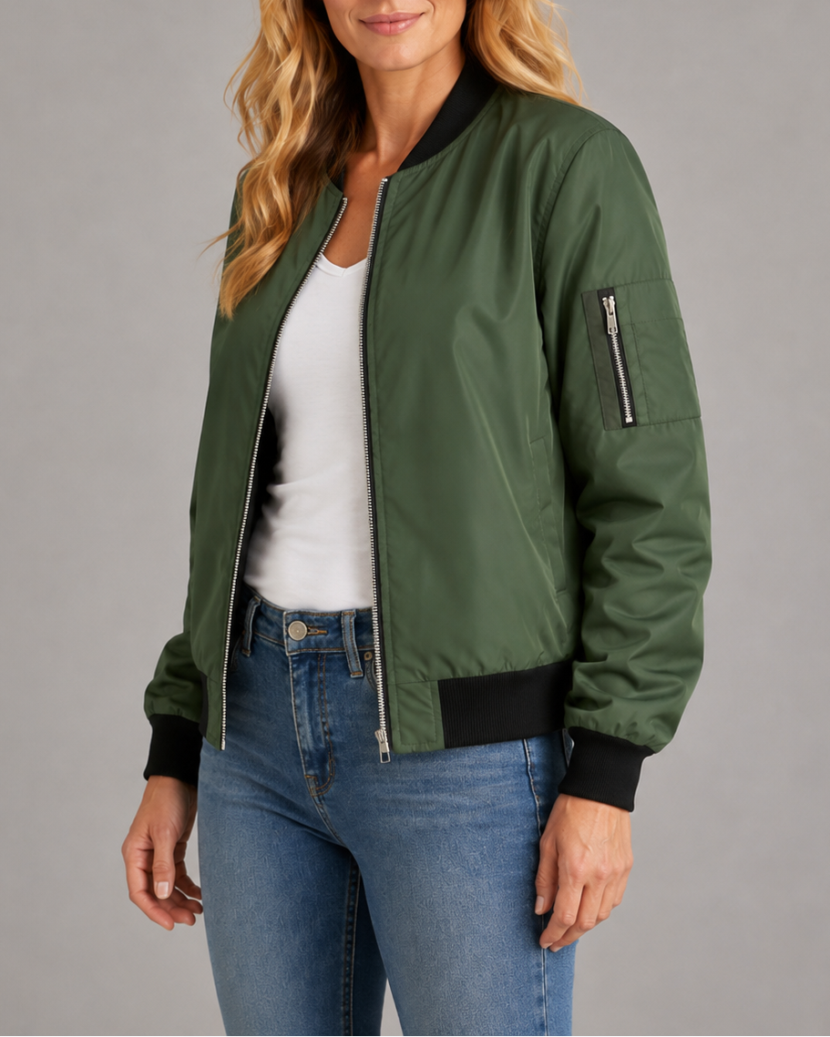 Women's Bomber Jacket | Zip Up Ribbed Trim Sleeve Pocket Bomber Jacket