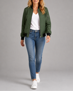 Women's Bomber Jacket | Zip Up Ribbed Trim Sleeve Pocket Bomber Jacket