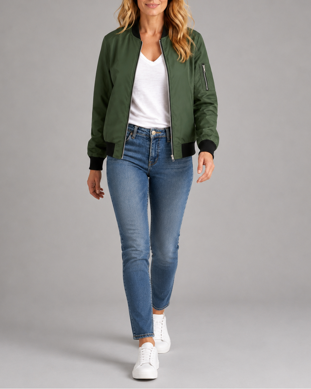 Women's Bomber Jacket | Zip Up Ribbed Trim Sleeve Pocket Bomber Jacket