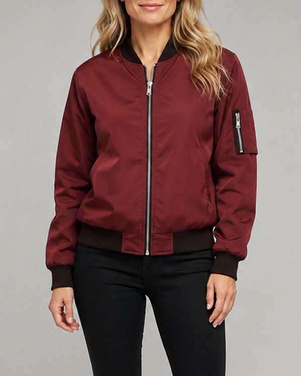 Women's Bomber Jacket | Zip Up Ribbed Trim Sleeve Pocket Bomber Jacket