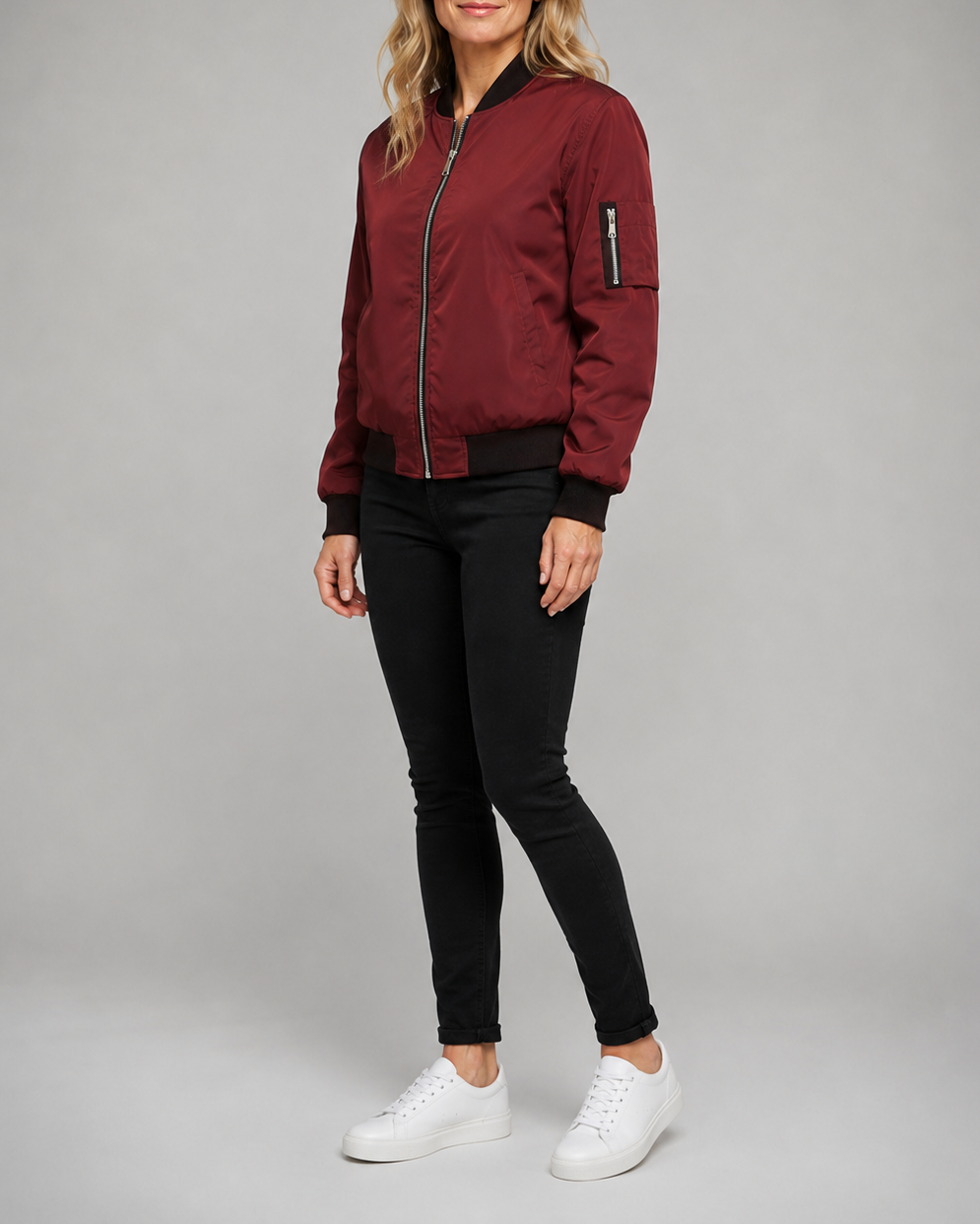 Women's Bomber Jacket | Zip Up Ribbed Trim Sleeve Pocket Bomber Jacket