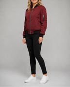 Women's Bomber Jacket | Zip Up Ribbed Trim Sleeve Pocket Bomber Jacket