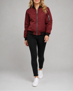Women's Bomber Jacket | Zip Up Ribbed Trim Sleeve Pocket Bomber Jacket