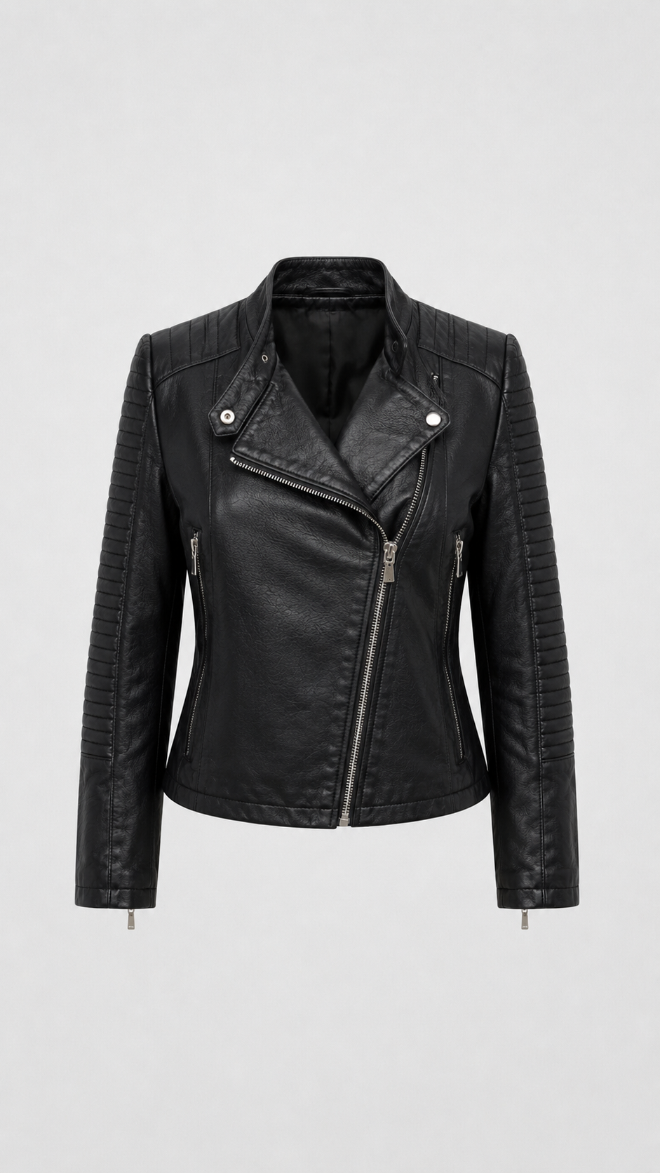 Women's Fitted Faux Leather Biker Jacket With Asymmetric Zip