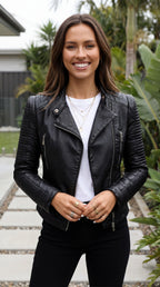 Women's Fitted Faux Leather Biker Jacket With Asymmetric Zip